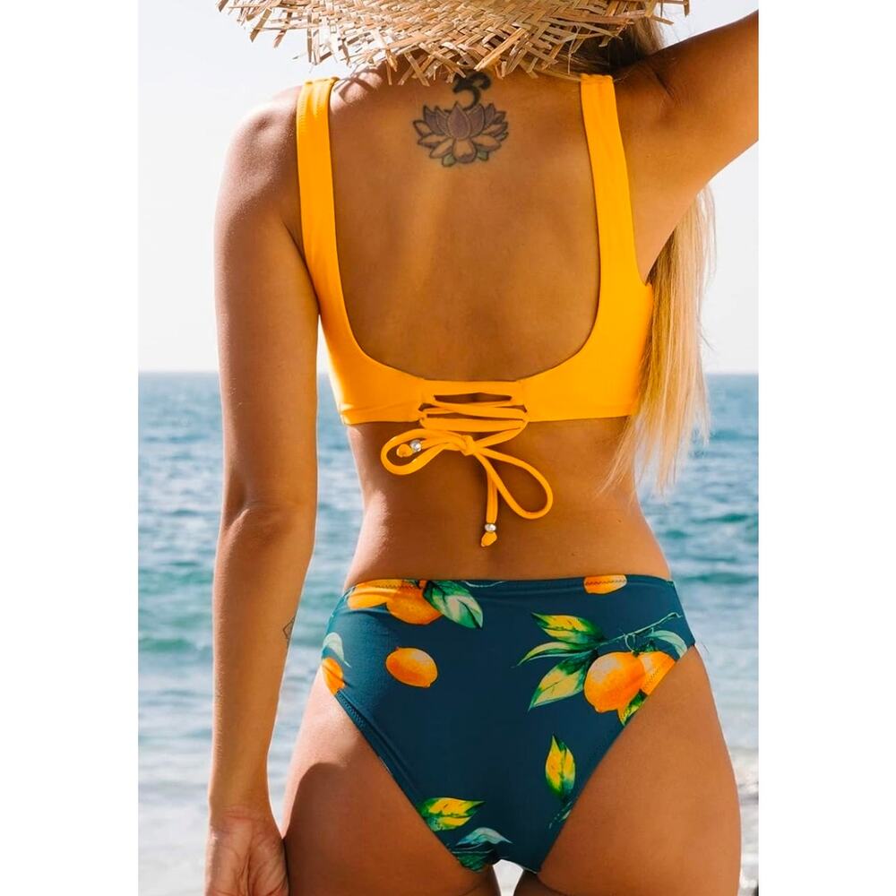 Cupshe Lemon Print Wrap Bikini & Side-Tie Ruched Bottoms Bikini Set Size L NWT - Picture 4 of 12